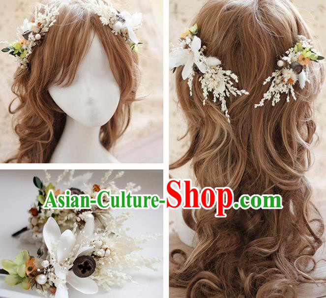 Top Grade Handmade Wedding Bride Hair Accessories White Flowers Headwear, Traditional Princess Baroque Hair Stick Headpiece Hairpins Complete Set for Women