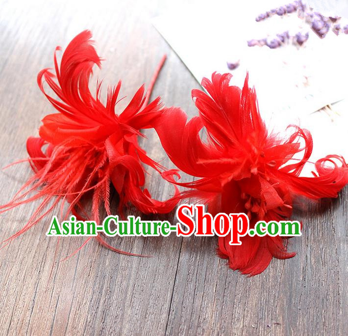 Top Grade Handmade Wedding Bride Hair Accessories Red Feather Hairpins, Traditional Princess Baroque Hair Stick Headpiece for Women