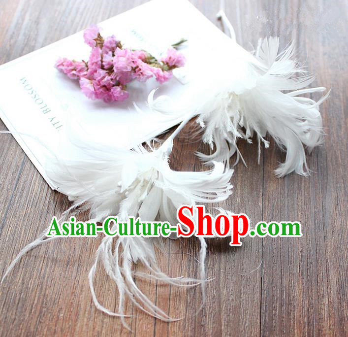 Top Grade Handmade Wedding Bride Hair Accessories White Feather Hairpins, Traditional Princess Baroque Hair Stick Headpiece for Women