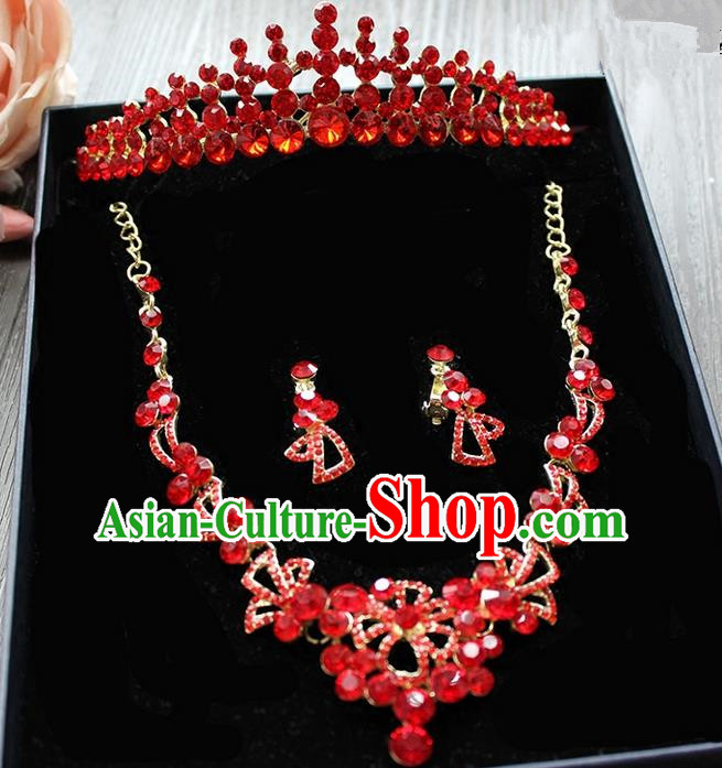 Top Grade Handmade Wedding Hair Accessories Bride Zircon Crown and Earring Necklace Complete Set, Traditional Baroque Princess Red Crystal Royal Crown Wedding Headwear for Women
