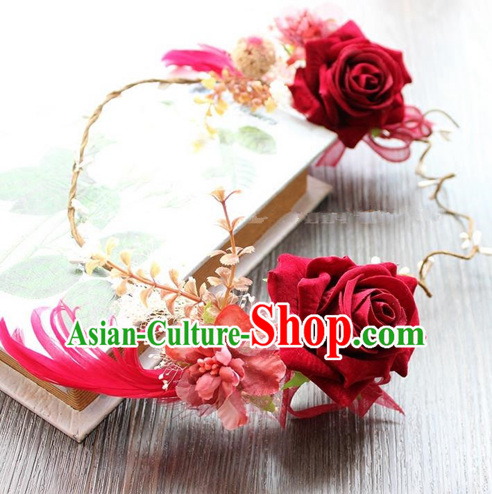 Top Grade Handmade Wedding Bride Hair Accessories Red Rose Flower Hair Clasp, Traditional Princess Baroque Hair Clip Headpiece for Women