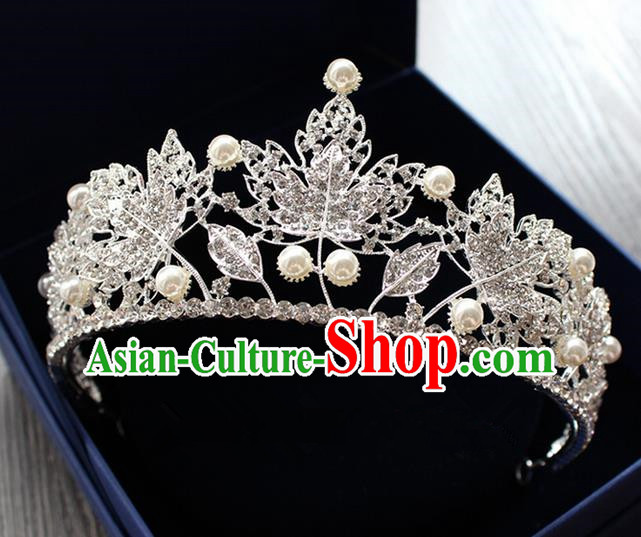 Top Grade Handmade Wedding Hair Accessories Bride Pearl Maple Leaf Crown, Traditional Baroque Princess Crystal Royal Crown Wedding Headwear for Women