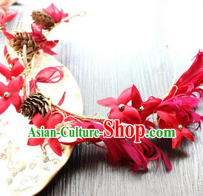 Top Grade Handmade Wedding Bride Hair Accessories Red Flower Hair Clasp, Traditional Princess Baroque Dragonfly Headband Headpiece for Women