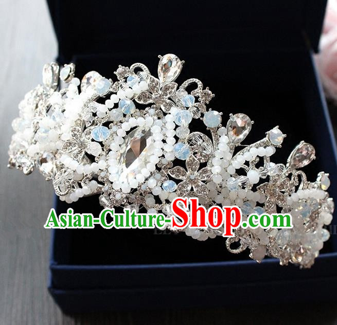 Top Grade Handmade Wedding Hair Accessories Bride Beads Opal Crown, Traditional Baroque Princess Crystal Royal Crown Wedding Headwear for Women