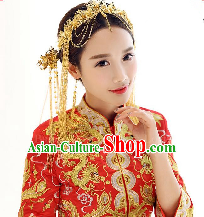 Top Grade Chinese Handmade Wedding Hair Accessories Golden Forehead Ornament, Traditional China Xiuhe Suit Phoenix Coronet Bride Tassel Hairpins Headdress Complete Set for Women