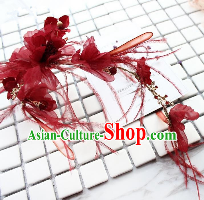 Top Grade Handmade Wedding Bride Hair Accessories Red Silk Flower Hair Stick, Traditional Princess Baroque Hair Clasp Headband Headpiece for Women