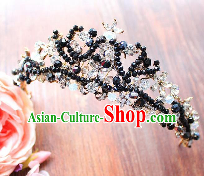 Top Grade Handmade Wedding Hair Accessories Bride Vintage Black Beads Crown, Traditional Baroque Crystal Royal Crown Wedding Headwear for Women