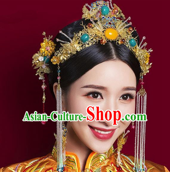 Top Grade Chinese Handmade Wedding Hair Accessories Step Shake Complete Set, Traditional China Xiuhe Suit Phoenix Coronet Bride Tassel Hairpins Headdress for Women