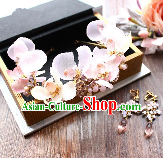 Top Grade Handmade Wedding Bride Hair Accessories Pink Flowers Hair Stick and Earrings, Traditional Princess Baroque Hair Claws Headpiece for Women