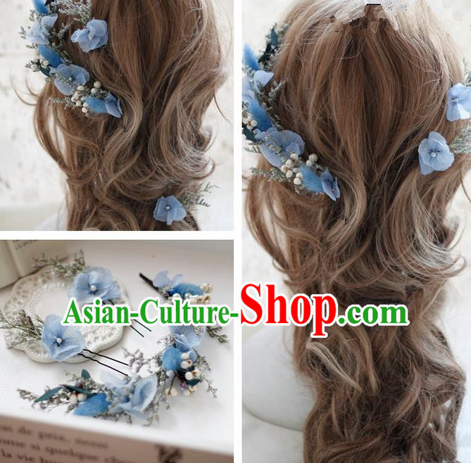 Top Grade Handmade Wedding Bride Hair Accessories Blue Flowers Hair Clasp, Traditional Princess Baroque Garland Headband Headpiece for Women