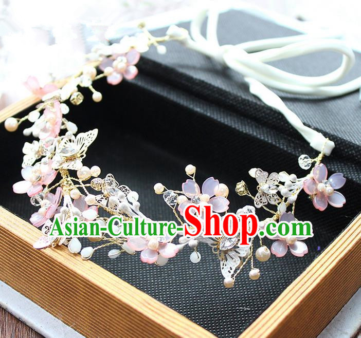 Top Grade Handmade Wedding Bride Hair Accessories Pink Crystal Flowers Hair Clasp, Traditional Princess Baroque Bowknot Headband Headpiece for Women