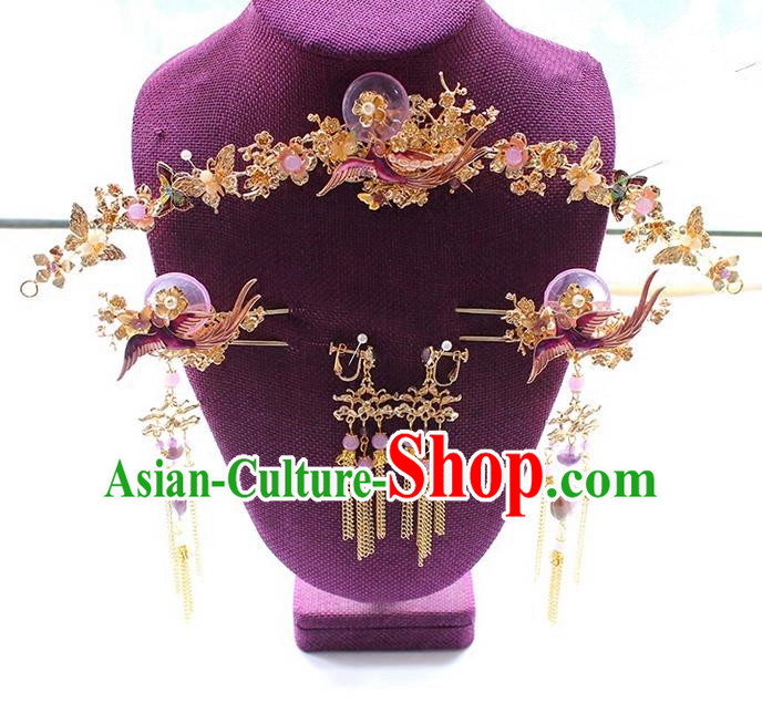 Top Grade Chinese Handmade Wedding Purple Jade Hair Accessories Complete Set Step Shake, Traditional China Xiuhe Suit Phoenix Crown Bride Tassel Hairpins Headdress for Women