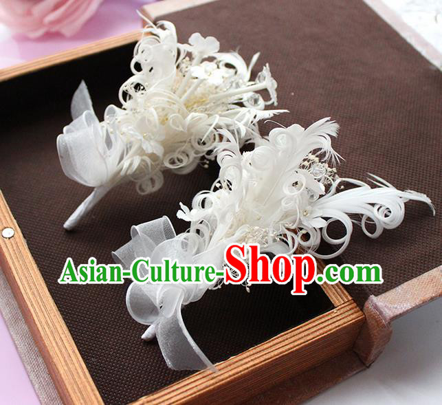 Top Grade Handmade Wedding Bride Hair Accessories White Feather Hair Claw, Traditional Princess Baroque Hair Sticks Headpiece for Women