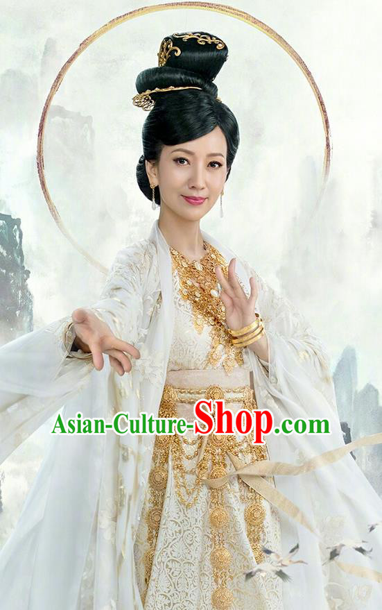 Traditional Ancient Chinese Cosplay Goddess of Mercy Costume and Handmade Headpiece Complete Set, Elegant Hanfu Clothing Chinese Madam White Snake Immortal Dress Clothing