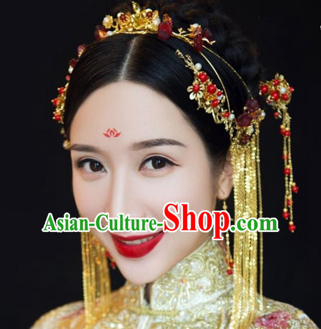 Top Grade Chinese Handmade Wedding Red Coloured Glaze Hair Accessories Complete Set Step Shake, Traditional China Xiuhe Suit Phoenix Crown Bride Tassel Hairpins Headdress for Women