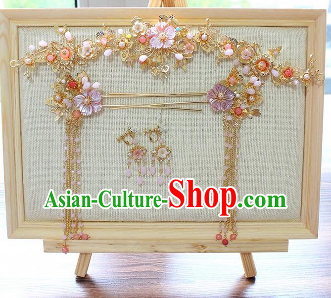 Top Grade Chinese Handmade Wedding Pink Shell Hair Accessories Complete Set, Traditional China Xiuhe Suit Step Shake Phoenix Crown Bride Tassel Hairpins Headdress for Women
