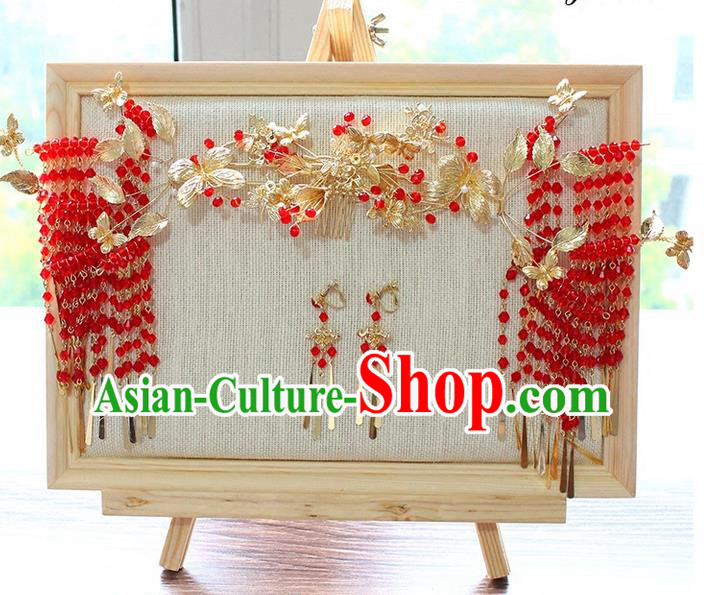 Top Grade Chinese Handmade Wedding Red Beads Hair Accessories Complete Set, Traditional China Xiuhe Suit Step Shake Phoenix Crown Bride Crystal Tassel Hairpins Headdress for Women