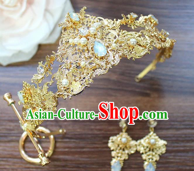 Top Grade Handmade Wedding Hair Accessories Bride Vintage Golden Crown and Earrings, Traditional Baroque Queen Crystal Royal Crown Wedding Headwear Complete Set for Women