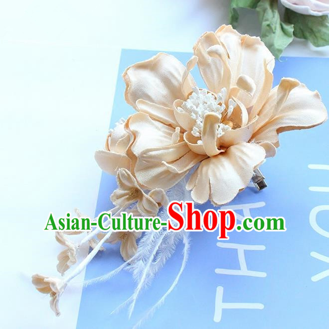 Top Grade Handmade Wedding Bride Hair Accessories Beige Flower Feather Hair Clip, Traditional Princess Baroque Hair Stick Headpiece for Women