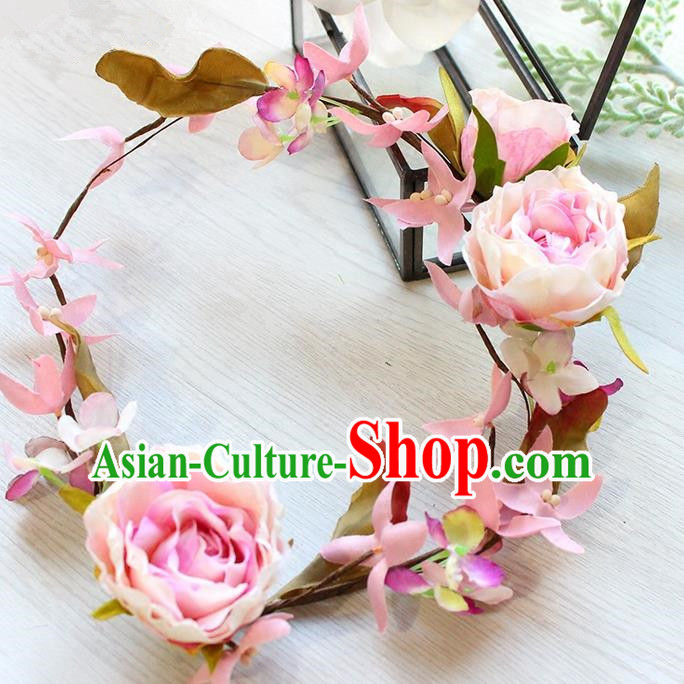 Top Grade Handmade Wedding Bride Hair Accessories Pink Flowers Headband Garland, Traditional Princess Baroque Hair Clasp Headpiece for Women