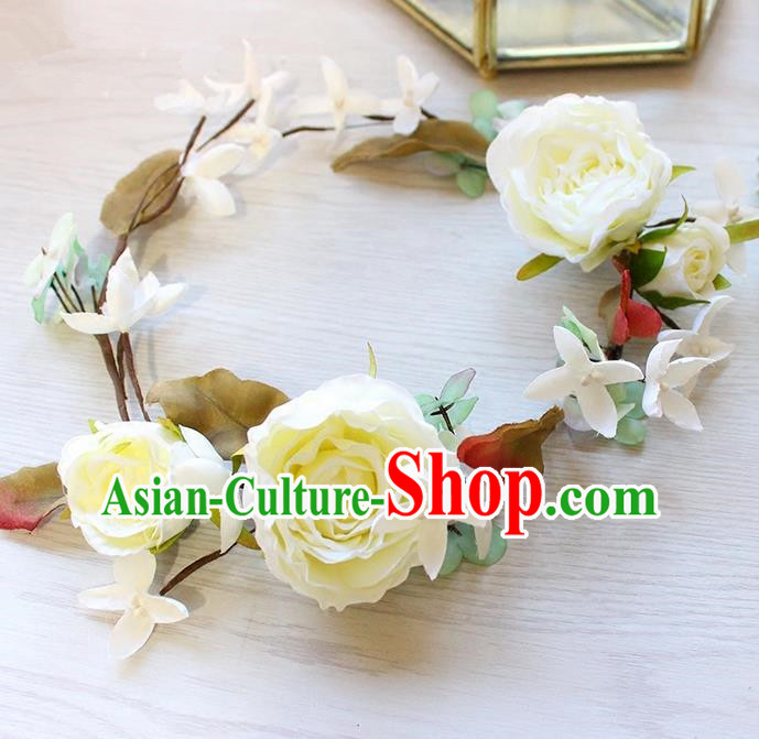 Top Grade Handmade Wedding Bride Hair Accessories White Flowers Headband Garland, Traditional Princess Baroque Hair Clasp Headpiece for Women