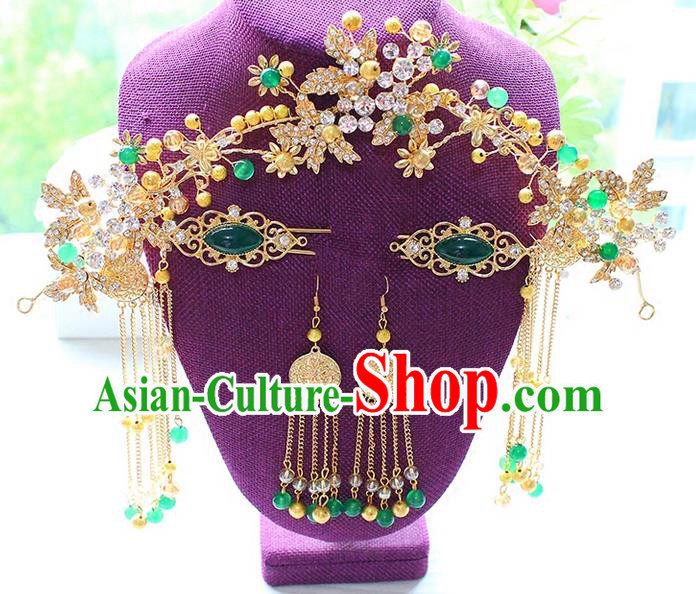 Top Grade Chinese Handmade Wedding Green Jade Hair Accessories Phoenix Coronet, Traditional China Xiuhe Suit Step Shake Bride Crystal Tassel Hairpins Headdress Complete Set for Women