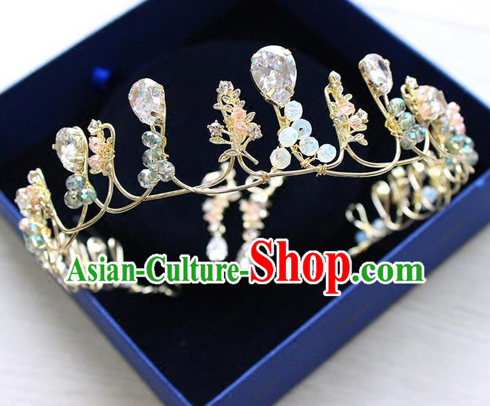 Top Grade Handmade Wedding Hair Accessories Bride Vintage Golden Opal Crown, Traditional Baroque Queen Crystal Royal Crown Wedding Headwear for Women