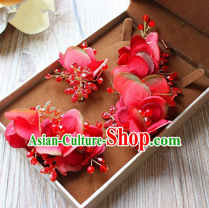 Top Grade Handmade Wedding Bride Hair Accessories Red Flowers Hairpin Hair Claw, Traditional Princess Baroque Crystal Hair Stick Headpiece for Women