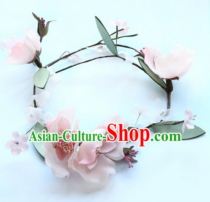 Top Grade Handmade Wedding Bride Hair Accessories Pink Flowers Headband Carland, Traditional Princess Baroque Hair Clasp Headpiece for Women