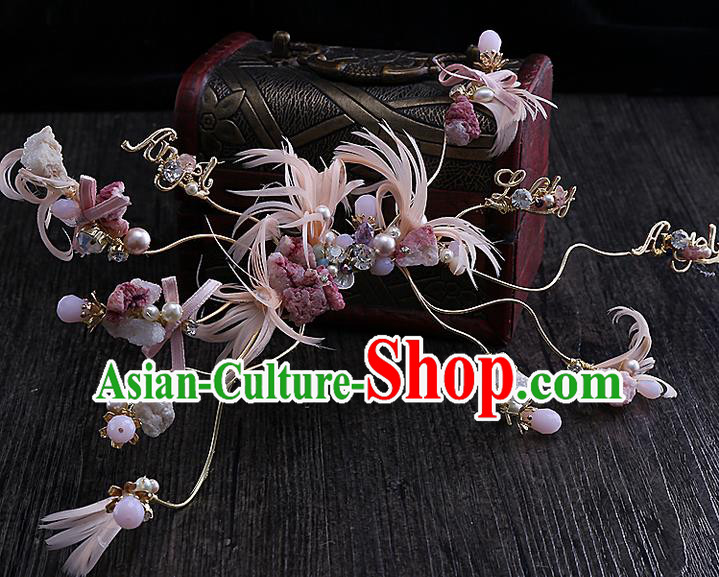Top Grade Handmade Wedding Bride Hair Accessories Pink Feather Hair Claw, Traditional Princess Baroque Hair Stick Headpiece for Women