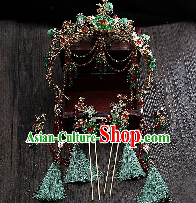 Top Grade Chinese Handmade Wedding Hair Accessories Hair Comb Complete Set, Traditional China Xiuhe Suit Bride Step Shake Phoenix Coronet Tassel Hairpins Headdress for Women