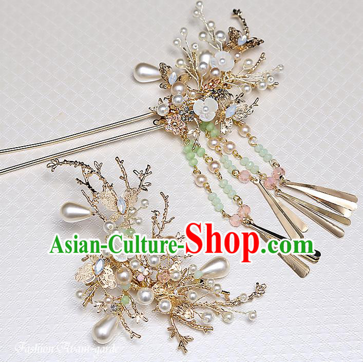 Top Grade Chinese Handmade Wedding Pink Flower Hair Accessories Hair Comb Copmlete Set, Traditional China Xiuhe Suit Step Shake Bride Hanfu Tassel Hairpins Headdress for Women