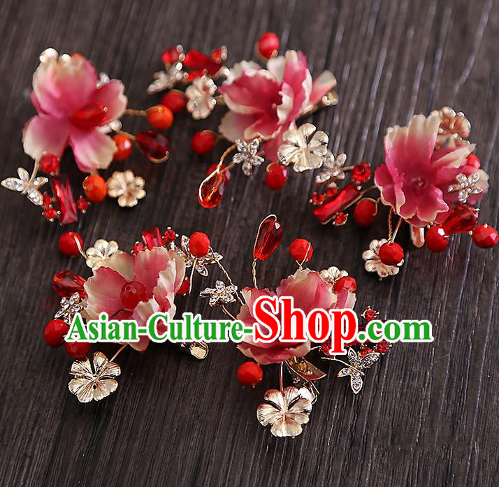 Top Grade Handmade Wedding Bride Hair Accessories Red Beads Headband Hair Claw, Traditional Baroque Princess Hair Stick Headpiece for Women