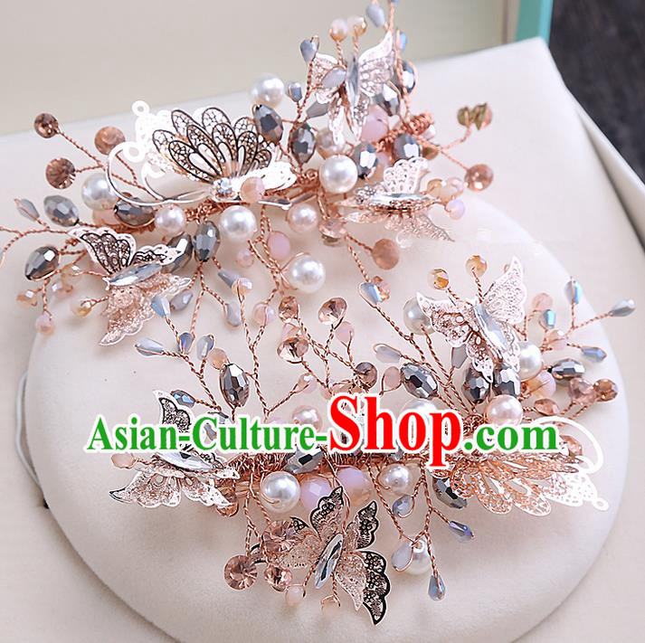 Top Grade Handmade Wedding Bride Hair Accessories Butterfly Hair Claw, Traditional Baroque Princess Pearl Hair Stick Headpiece for Women