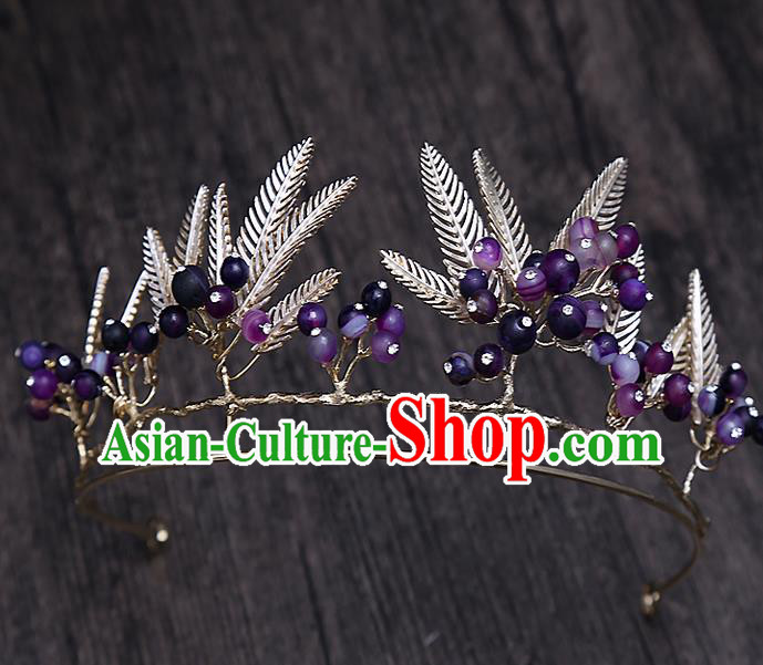 Top Grade Handmade Wedding Hair Accessories Bride Purple Beads Crown, Traditional Baroque Queen Retro Royal Crown Wedding Headwear for Women