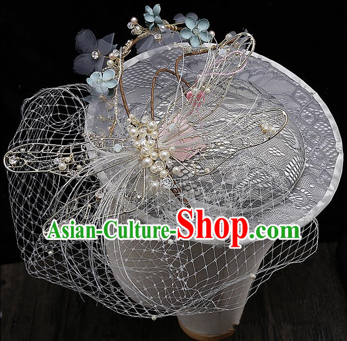 Top Grade Handmade Wedding Hair Accessories Bride Flower Veil Hat, Traditional Baroque Princess Top Hat Headpiece for Women
