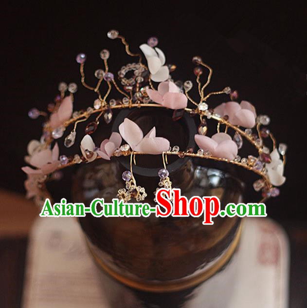 Top Grade Handmade Wedding Bride Hair Accessories Princess Pink Flowers Hair Clasp and Earrings, Traditional Princess Baroque Hair Clip Headpiece for Women