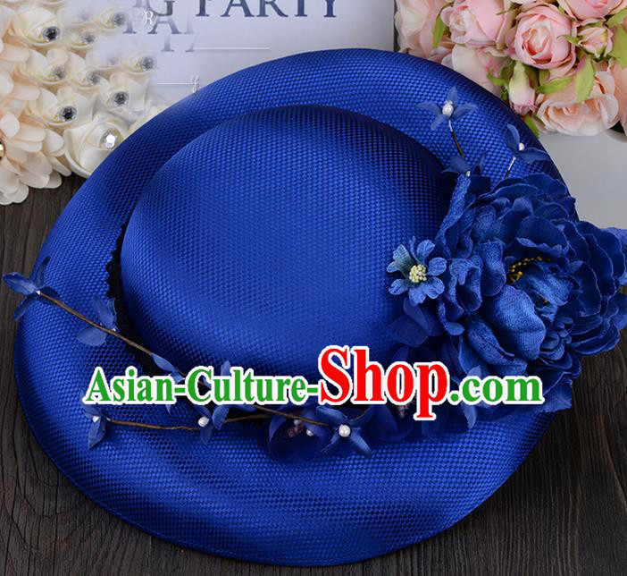 Top Grade Handmade Wedding Bride Hair Accessories Princess Royalblue Top Hat, Traditional Princess Baroque Flowers Hat Headpiece for Women