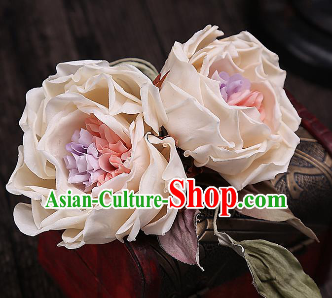 Top Grade Handmade Wedding Bride Hair Accessories Rose Flowers Hairpins, Traditional Baroque Princess Headband Hair Stick Headpiece for Women