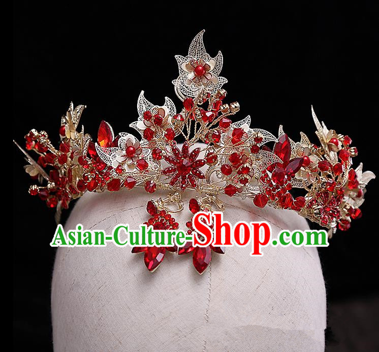 Top Grade Handmade Wedding Hair Accessories Bride Vintage Red Crown and Earrings, Traditional Baroque Princess Crystal Royal Crown Wedding Headwear for Women