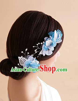 Top Grade Handmade Wedding Bride Hair Accessories Blue Hair Claw, Traditional Baroque Princess Crystal Hair Stick Headband Headpiece for Women