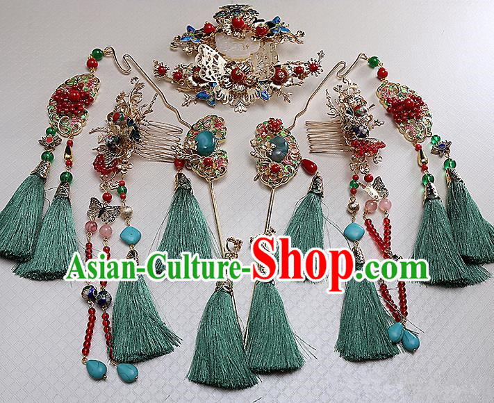 Top Grade Chinese Handmade Wedding Hair Accessories Phoenix Coronet Complete Set, Traditional China Xiuhe Suit Bride Step Shake Hanfu Tassel Hairpins Headdress for Women