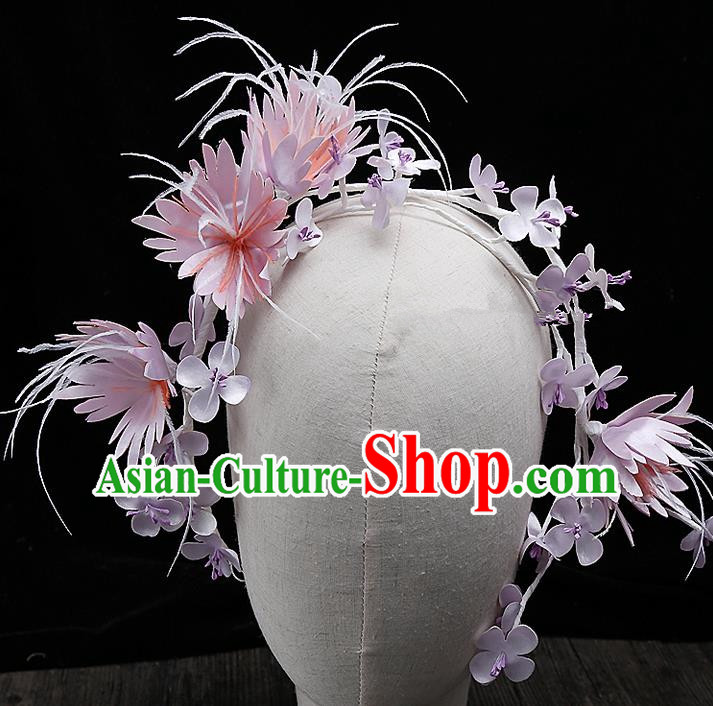 Top Grade Handmade Wedding Hair Accessories Bride Pink Flower Hair Clasp, Traditional Baroque Princess Headband Headpiece for Women