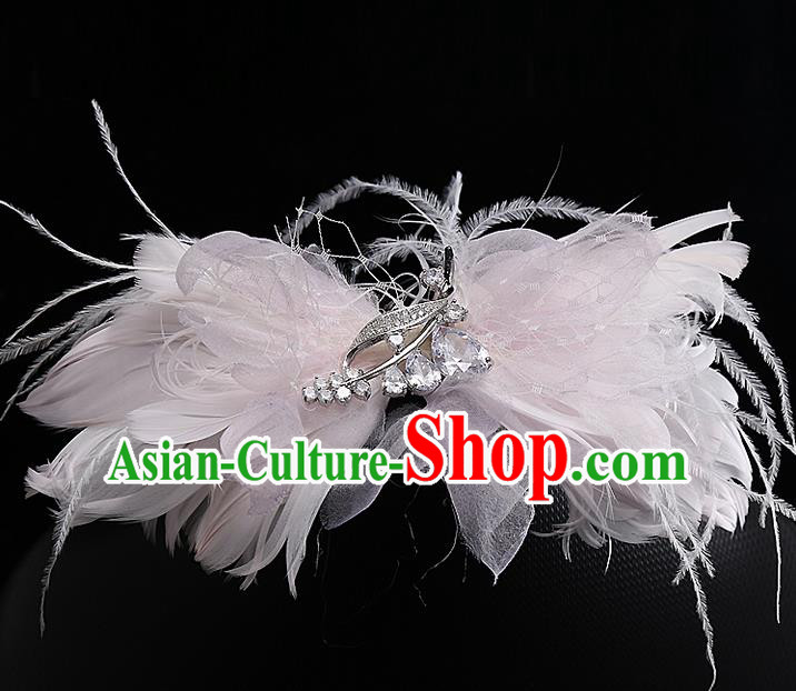 Top Grade Handmade Wedding Hair Accessories Bride Pink Feather Bowknot Hair Stick, Traditional Baroque Princess Headband Headpiece for Women