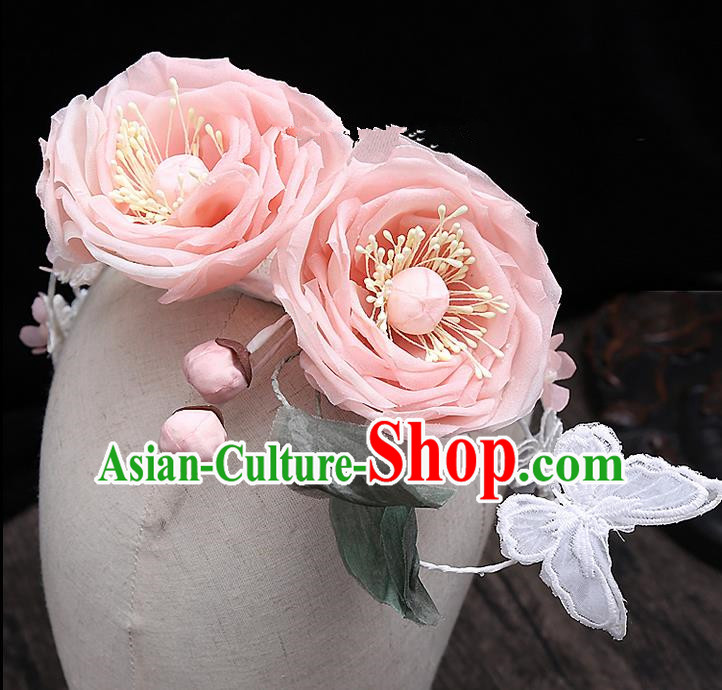 Top Grade Handmade Wedding Hair Accessories Bride Pink Rose Hair Stick, Traditional Baroque Princess Hair Clip Headband Headpiece for Women