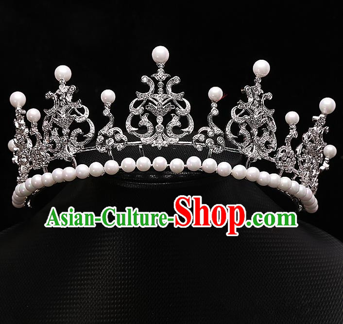 Top Grade Handmade Wedding Hair Accessories Bride Princess Zircon Imperial Crown, Traditional Baroque Queen Retro Pearl Royal Crown Wedding Headwear for Women