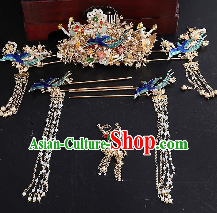 Top Grade Chinese Handmade Wedding Hair Accessories Head Ornament Complete Set, Traditional China Xiuhe Suit Bride Blueing Phoenix Tassel Step Shake Headdress for Women
