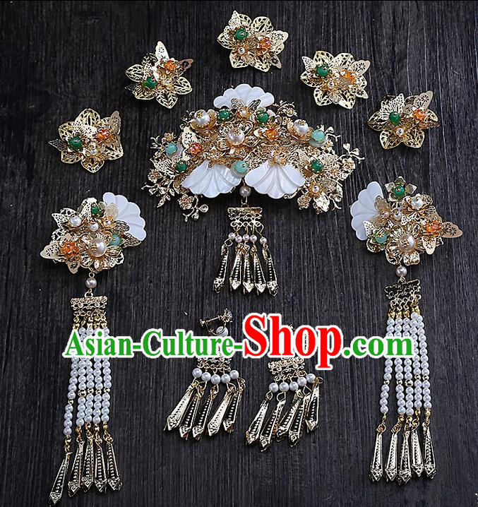 Top Grade Chinese Handmade Wedding Hair Accessories Head Ornament Complete Set, Traditional China Xiuhe Suit Bride Tassel Step Shake Headdress for Women