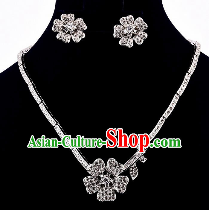 Top Grade Handmade China Wedding Bride Accessories Zircon Necklace and Earrings, Traditional Princess Diamante Wedding Torque Eardrop Jewelry for Women