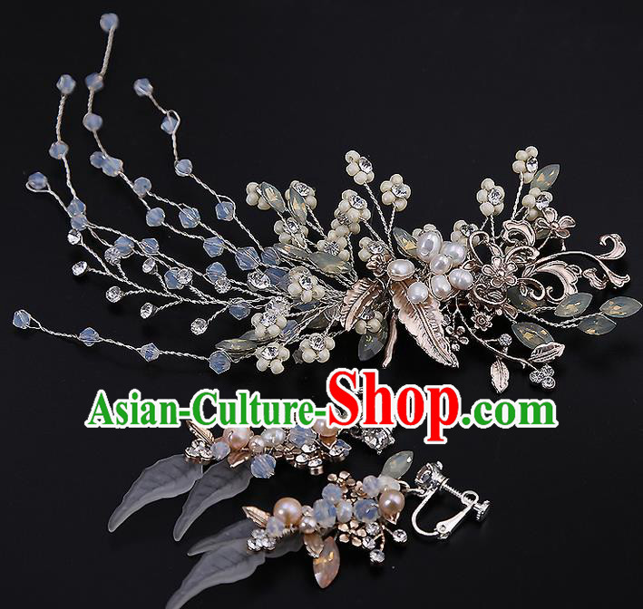 Top Grade Handmade Wedding Dragonfly Hair Accessories Bride Flowers Hair Claw and Tassel Earrings, Traditional Baroque Princess Hair Stick Headband Headdress for Women